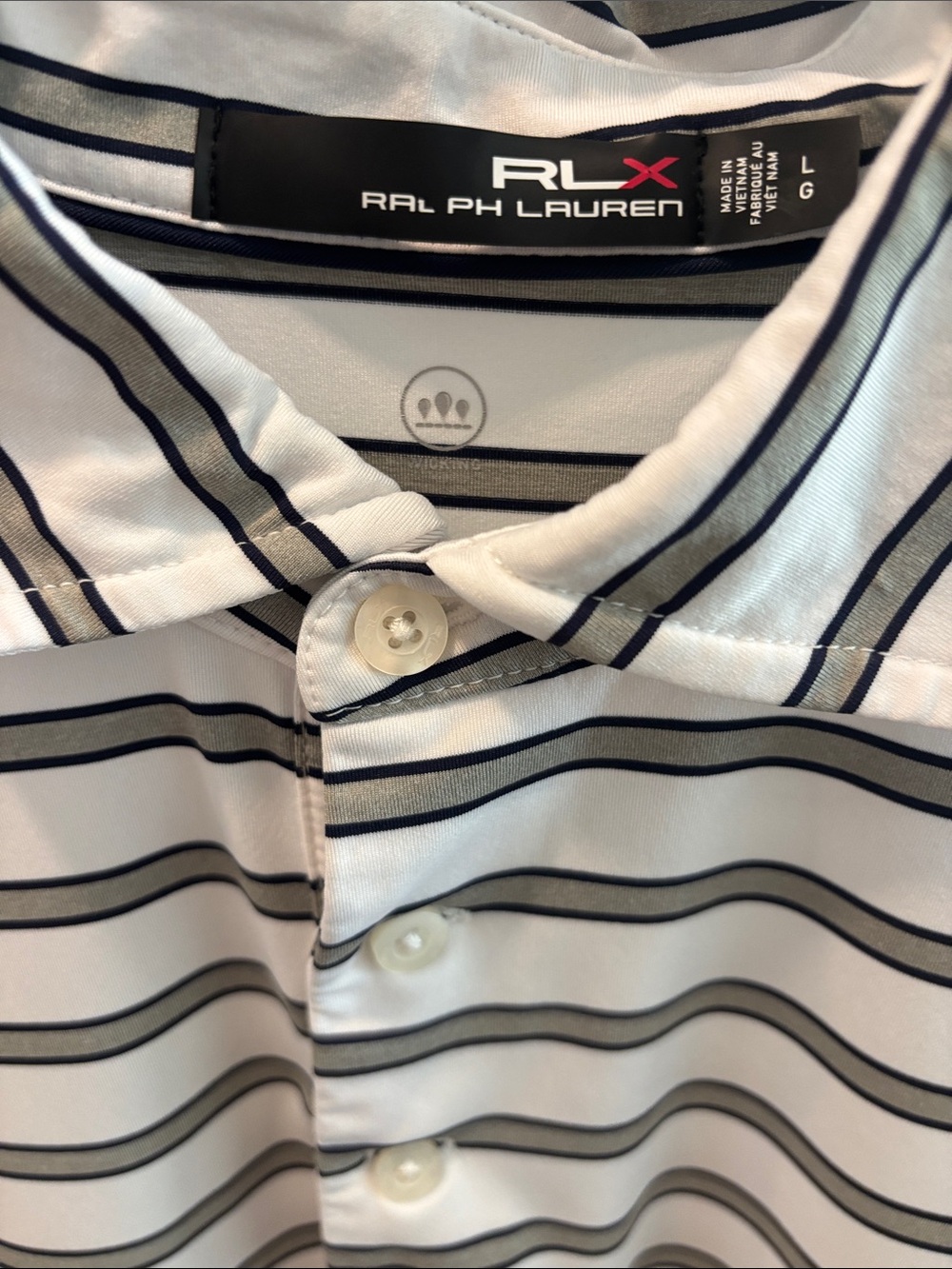 Men's RLX Ralph Lauren Striped Polo Shirt - White with Gray and Black Stripes - Picture 2 of 6